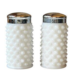 Hobnail Milk Glass Salt & Pepper Shakers Metal Lids Vintage Country Cottage Core